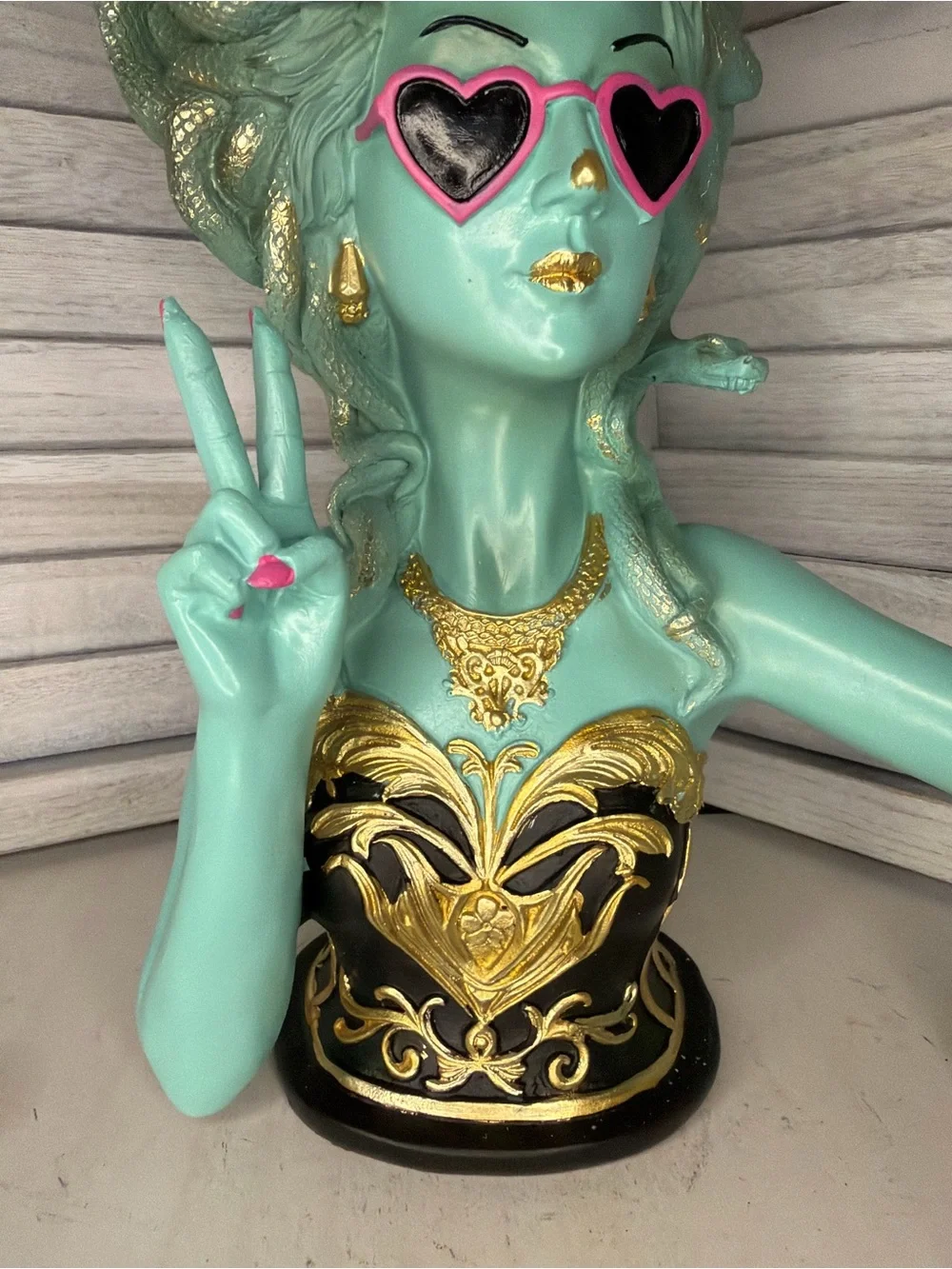 Aqua Medusa Vanity Statue with Pink Accents and Gold Detail